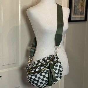 Elegant Checkered Crossbody Bag with Green Strap